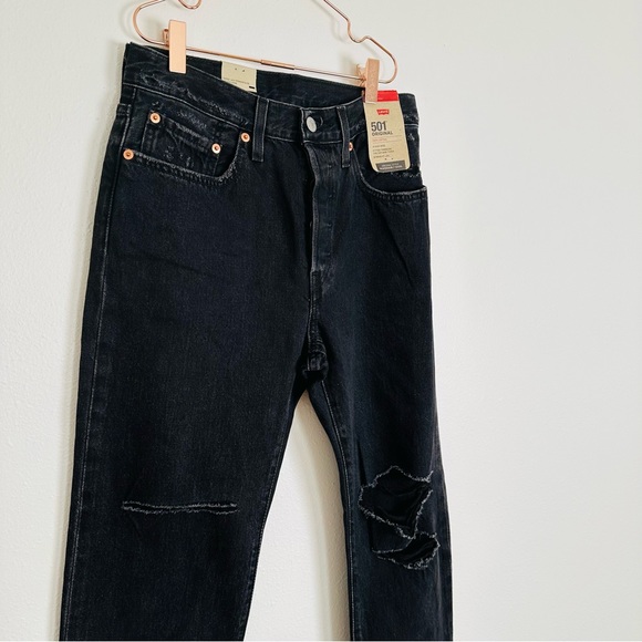 New Levi's Black 501 Ripped High Rise Jeans straight leg - Picture 5 of 8